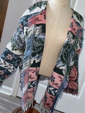 Women's Pink Floral Fringe Knit Cardigan Sweater